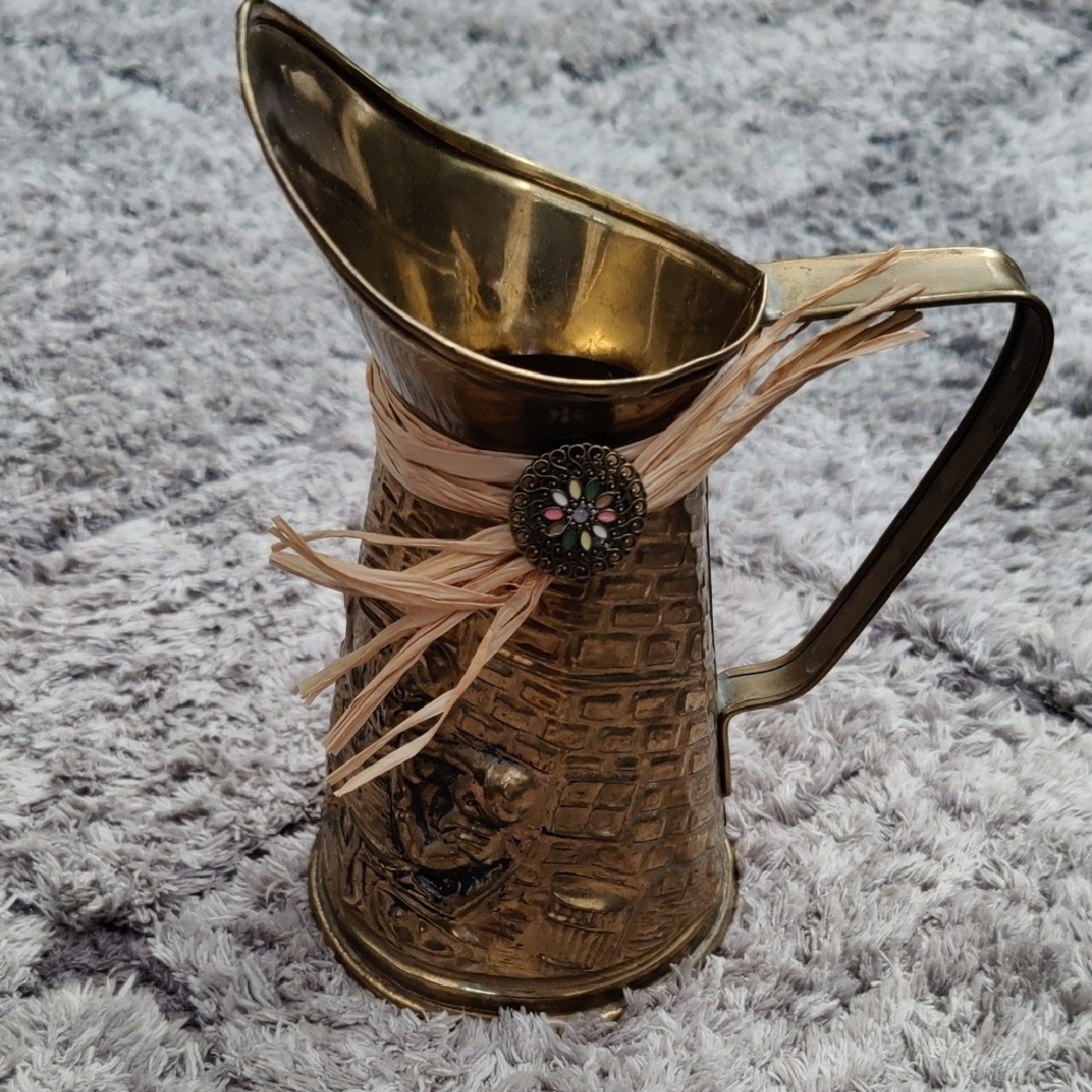 Vintage Brass Pitcher with Decorative Handle